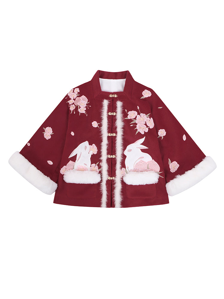 Peach Blossom Rabbit Woolen Children's Jacket + Skirt Set