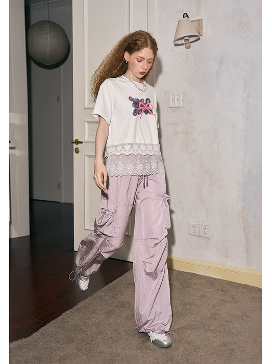 Lace Patchwork Pleated Drawstring Pants