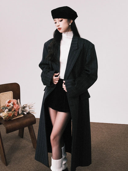 Dark Grey Vertical Stripe Double-Breasted Long Wool Coat