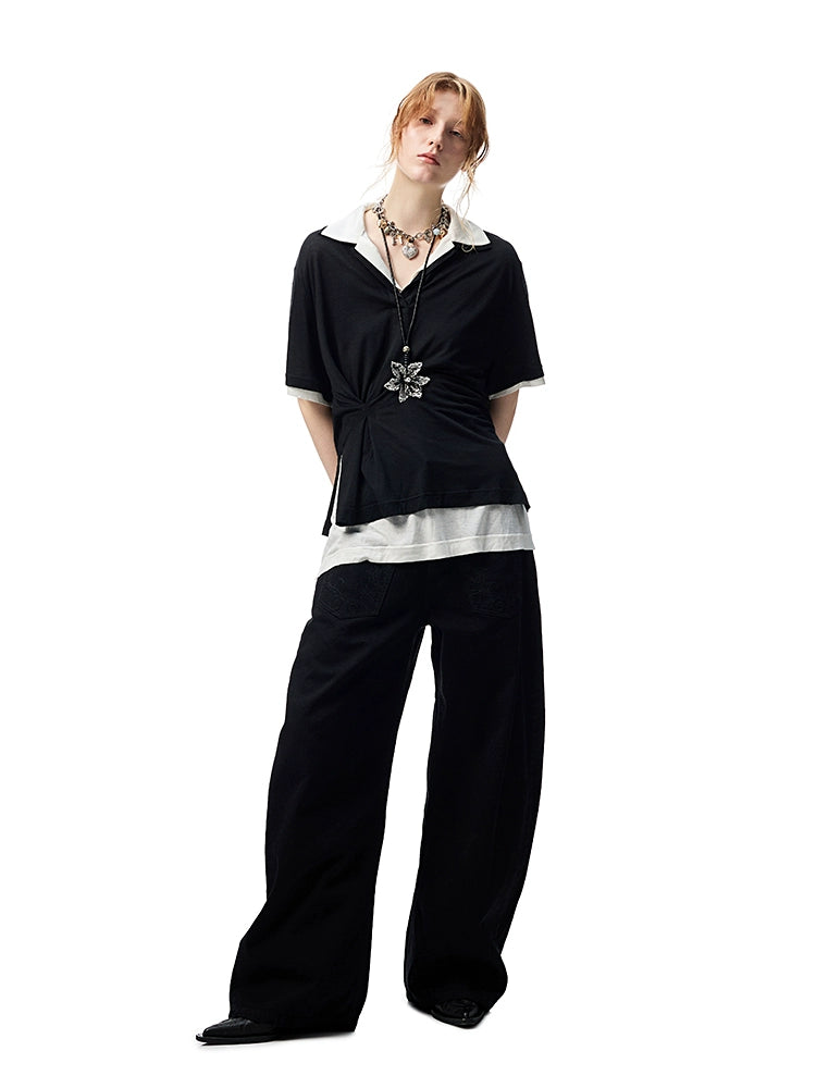 Two-in-One Loose Polo Blouse – Irregular Stitched Oversized Midi Top