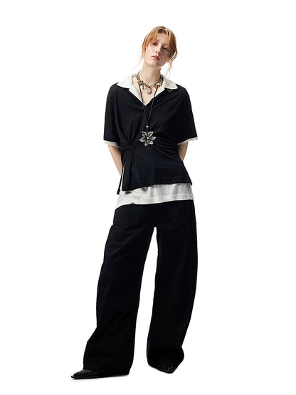 Two-in-One Loose Polo Blouse – Irregular Stitched Oversized Midi Top