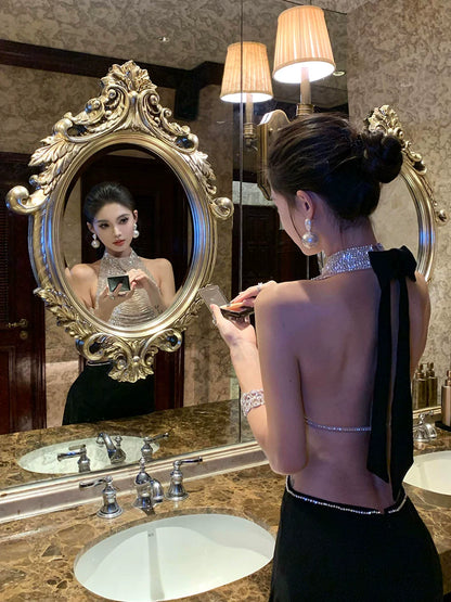 Diamond-Encrusted Fishtail Halterneck Dress – Luxe Temperament for Special Events