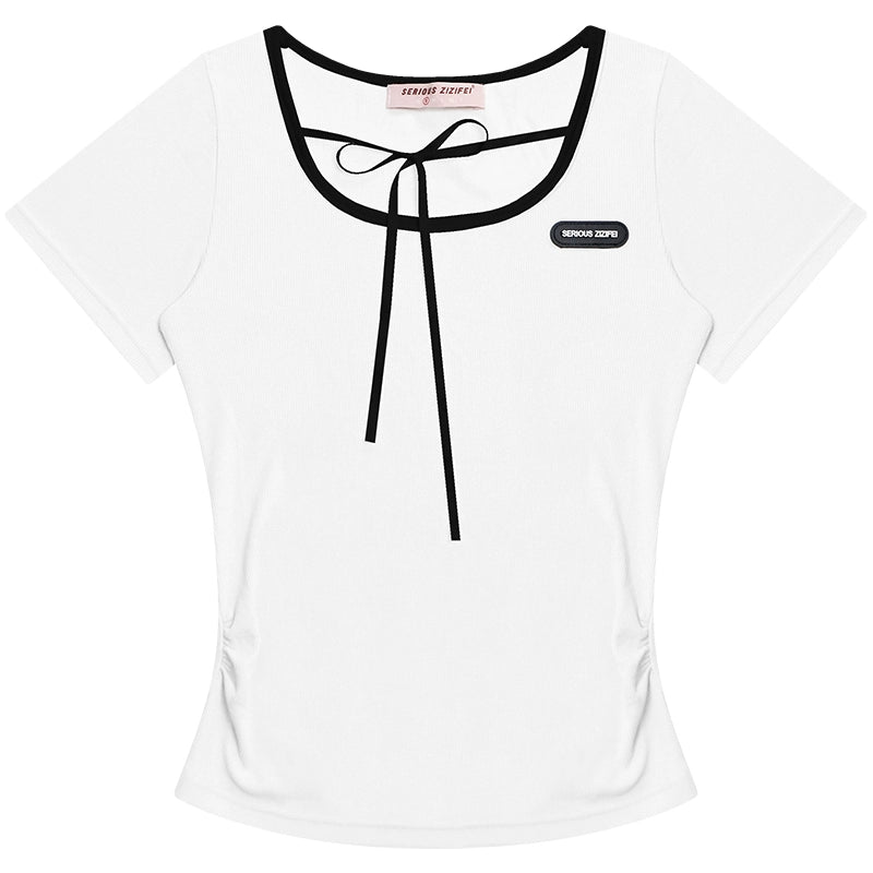 Bow U-neck Slim Fit T-shirt | Contrast Square Neck Design for Summer