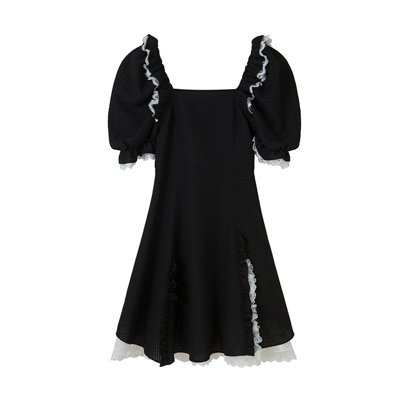 Square Neck - Bubble Sleeve Black Dress