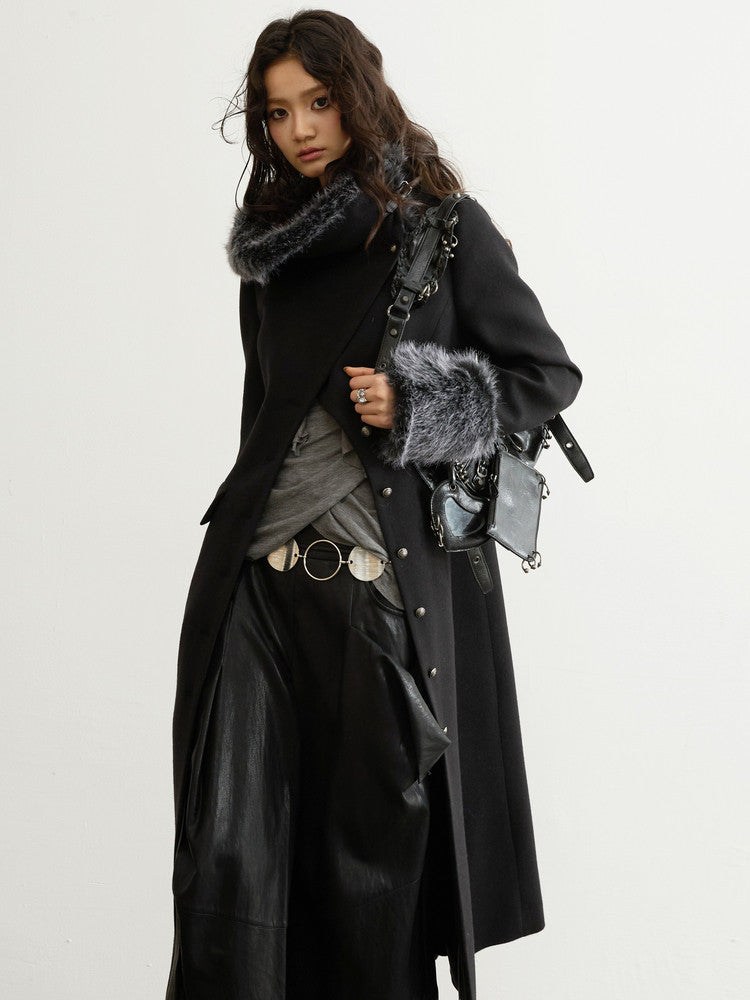 Asymmetrical Fur Collar Wool Coat | Retro Romantic Long Jacket