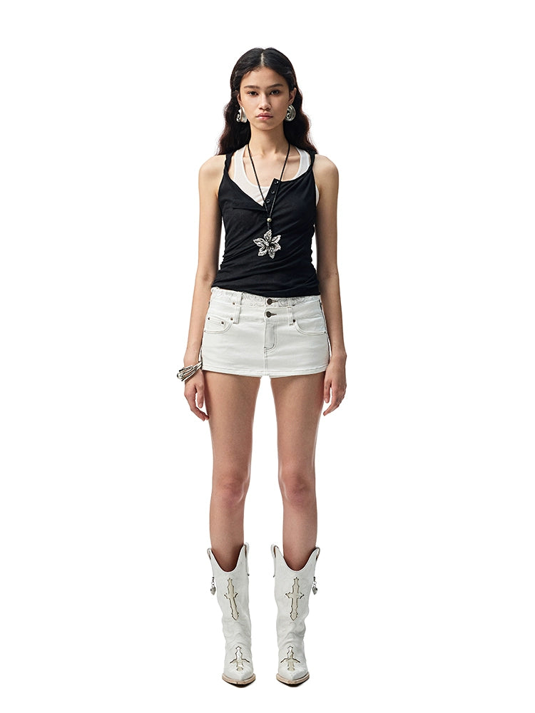 Double-Waist Detachable Denim Culottes – Slim Stretch Convertible Skirt Pants