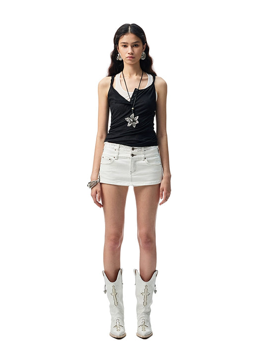 Double-Waist Detachable Denim Culottes – Slim Stretch Convertible Skirt Pants