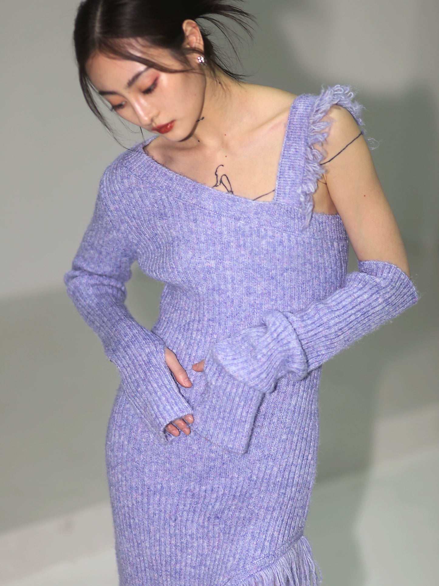 Violet Slant Shoulder Tassel Knit Sweater Dress