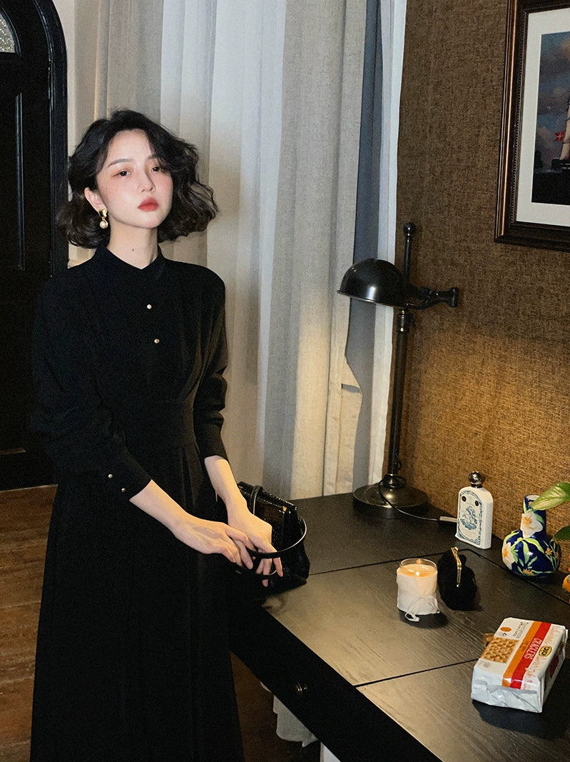 French Retro Stand-Collar Long Sleeve Dress – Elegant Waist-Cinched Midi