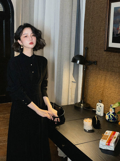 French Retro Stand-Collar Long Sleeve Dress – Elegant Waist-Cinched Midi
