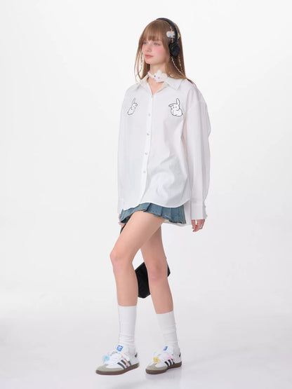 Rabbit Embroidered Loose White Shirt | Medium-Length Retro Design for Spring/Summer