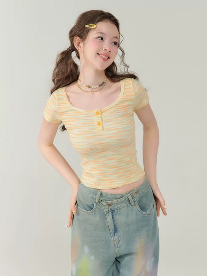 Leopard Striped Shoulder Top | Slim Fit Retro Short Sleeve for Summer