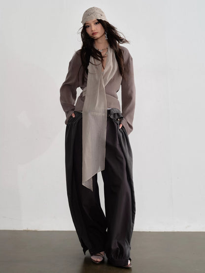 26SS Natural Earth Tone Long-Sleeved Shirt with Flowing Ribbons and a Tranquil Feel