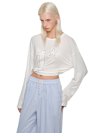 Studded Crew Neck Tee – Loose Fit Vintage Statement Top