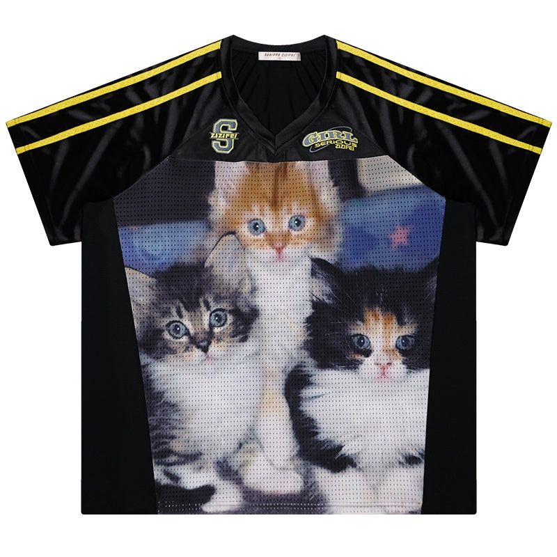 Camiseta deportiva con cuello en V y estampado de gato Diseño retro de secado rápido y corte holgado para el verano