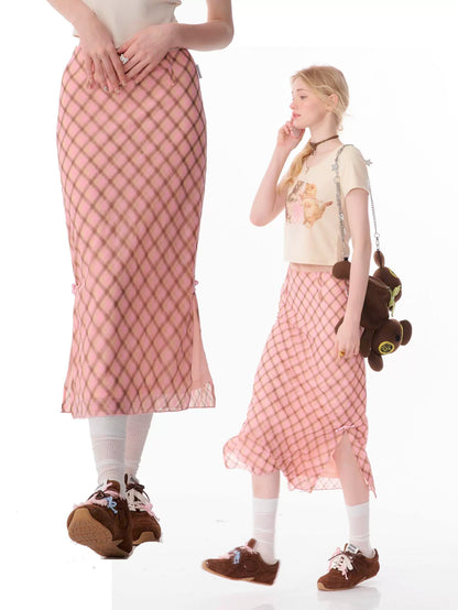 Checkered Fish Tail Skirt | Retro Pink Brown Slim Fit for Autumn/Winter