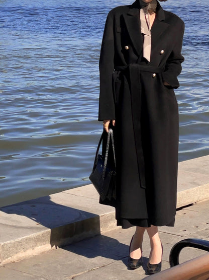 Pure Wool Double-Sided Belted Mid-Length Coat – Retro Winter Style