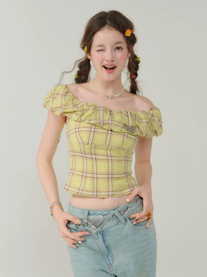 Plaid Single Shoulder Crop Top | Slim Fit Retro T-shirt for Summer