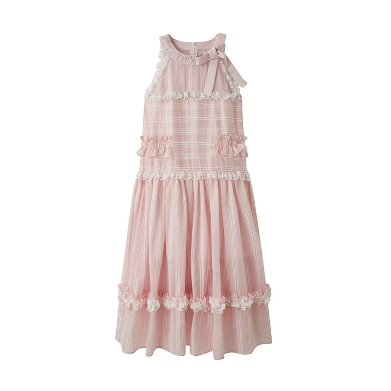 Ruffle Cake Dress - Bow Neck Pink Holiday