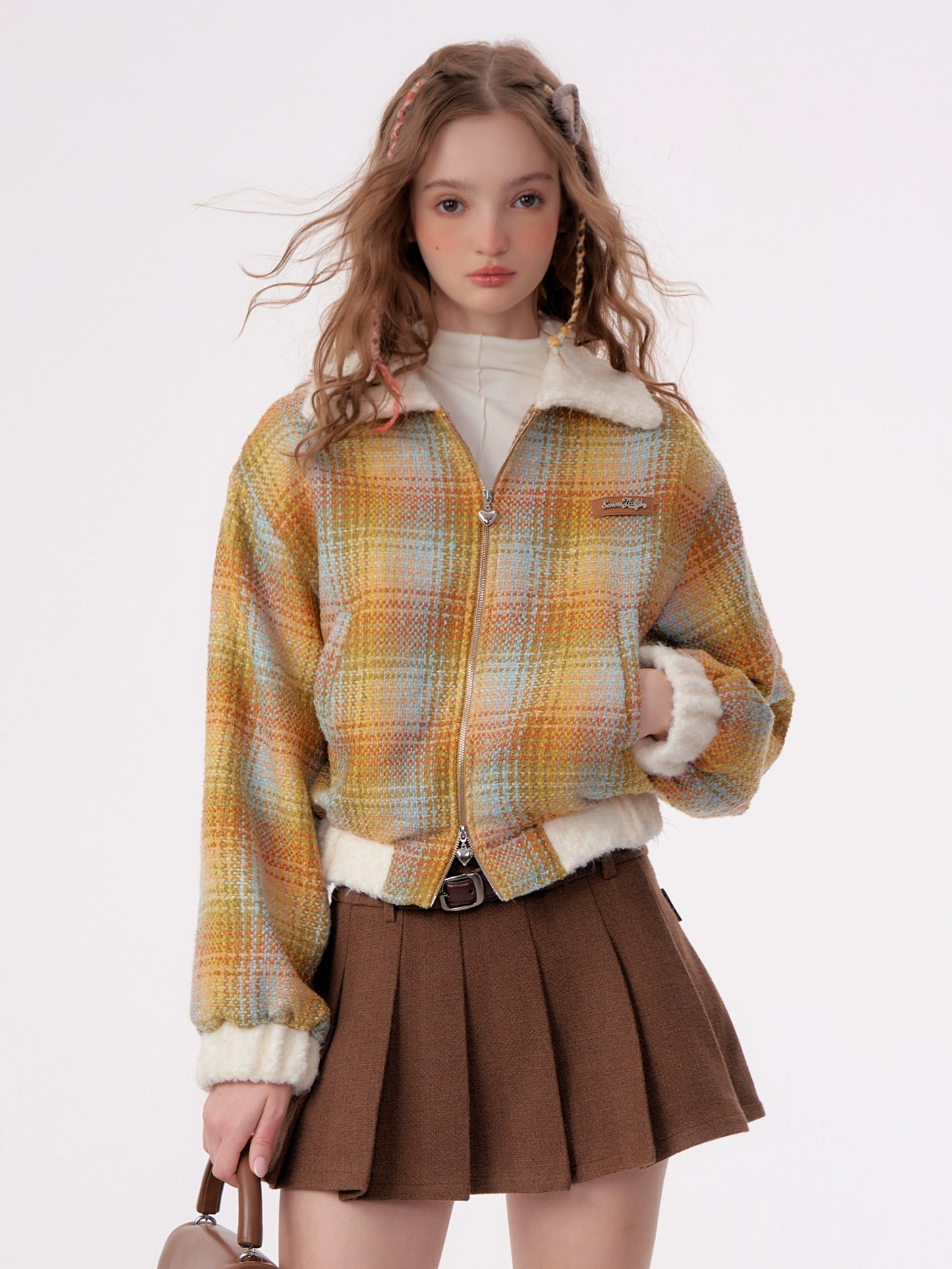 Yellow Checkered Velvet Wool Jacket | Short Collar Retro Design for Autumn/Winter