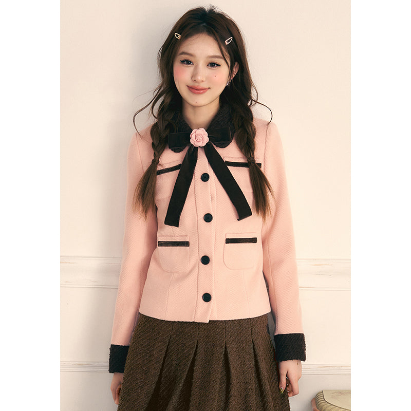 Bow Coat Pleated Skirt Set