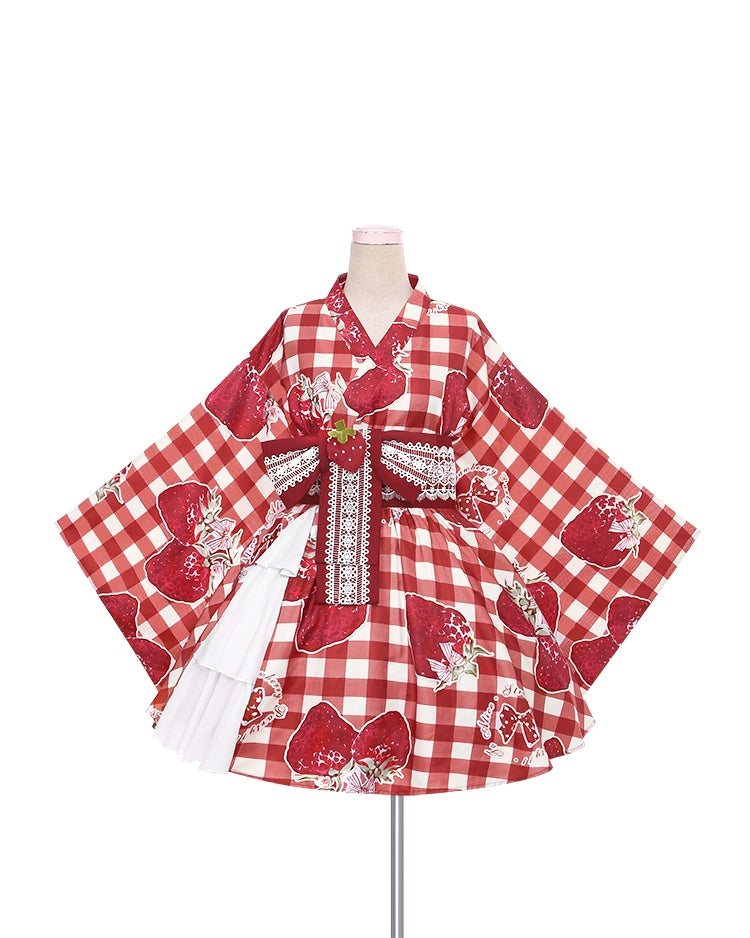 Strawberry Party Plaid Yukata & Cardigan Set