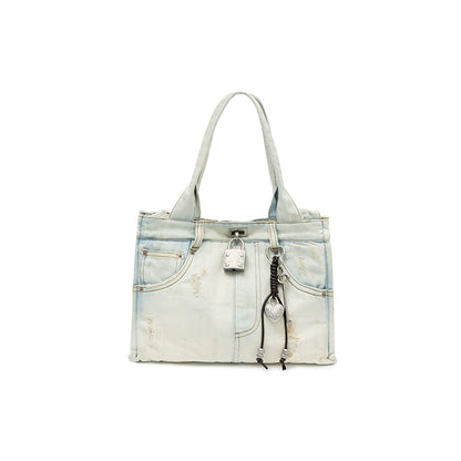 Vintage Distressed Embroidered Denim Tote Bag – Premium Shoulder Bag