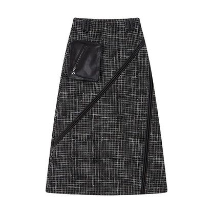 Dark Darked PU Pocke Plaid Spring Skirt