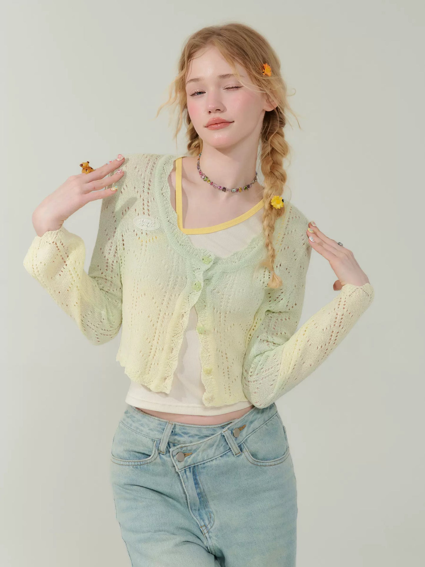 Cardigan in maglia a maniche lunghe sfumato |. Design con protezione solare cava per l'estate