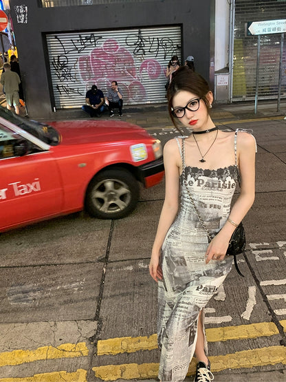 [Florence Illustration] Sexy Slim Fit Slit Mesh Camisole Skirt - Summer Style