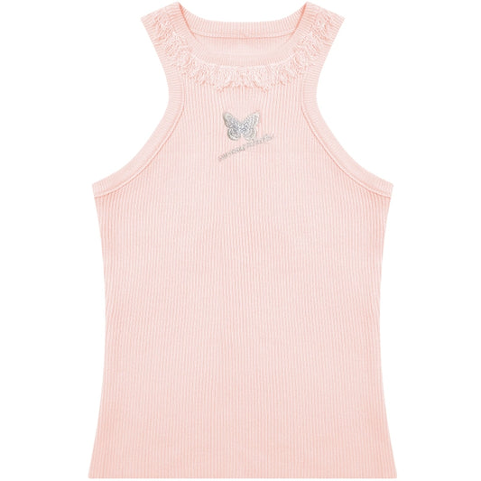 Butterfly Embroidered Backless Tank Top | Retro Sleeveless Knitted Design for Summer