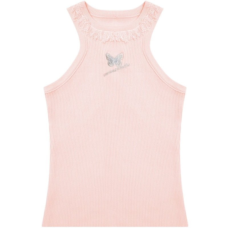 Butterfly Embroidered Backless Tank Top | Retro Sleeveless Knitted Design for Summer