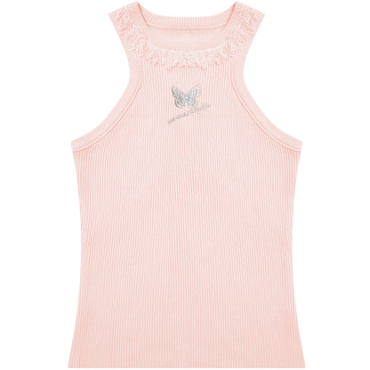 Butterfly Embroidered Backless Tank Top | Retro Sleeveless Knitted Design for Summer