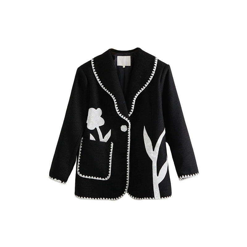 Original Design Flower Moonlight Night Crowd Black and White Contrast Velvet Flower Fragrant Wind Early Autumn Suit Coat