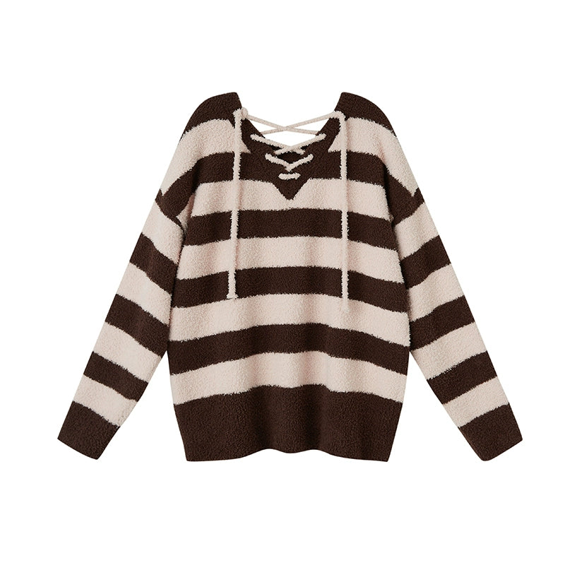 Lazy Stripe Lace Knit - V-neck Pullover