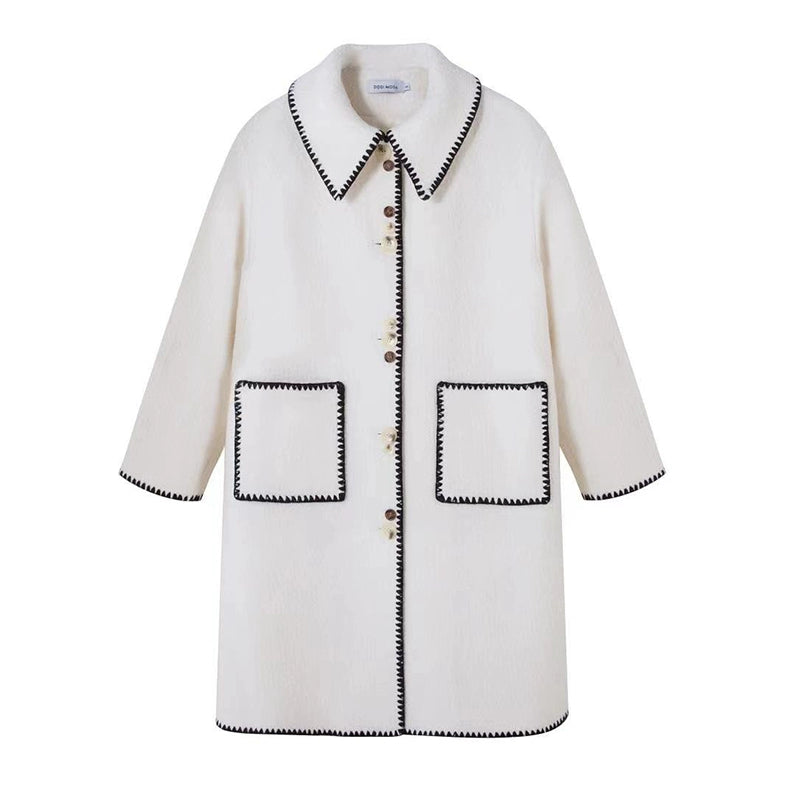 Flip Collar-Embroidered Woolen Coat