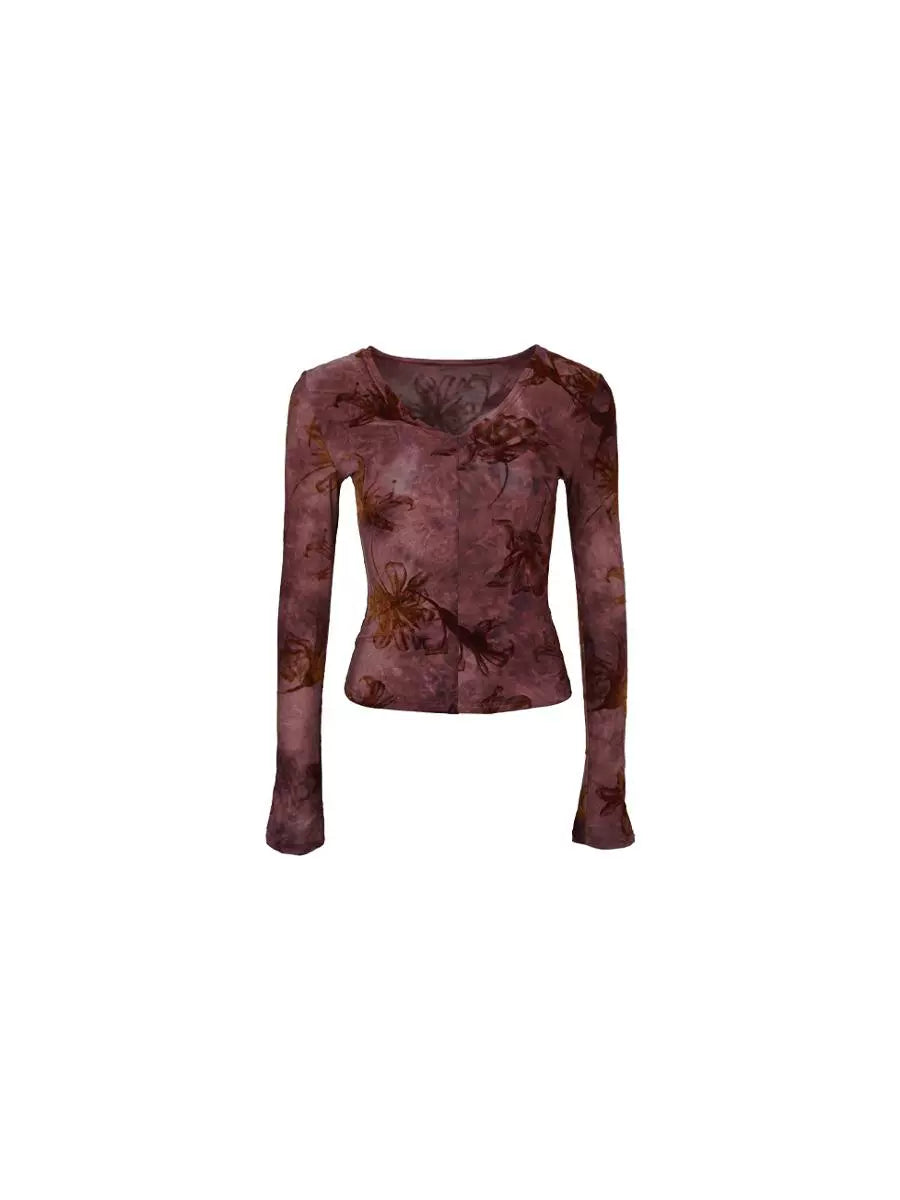 Velvet Print V-Neck Top