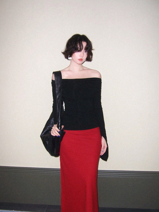 Yunxiu One-Shoulder Off-Neck Crop Top – Sexy Hong Kong Retro Autumn Style