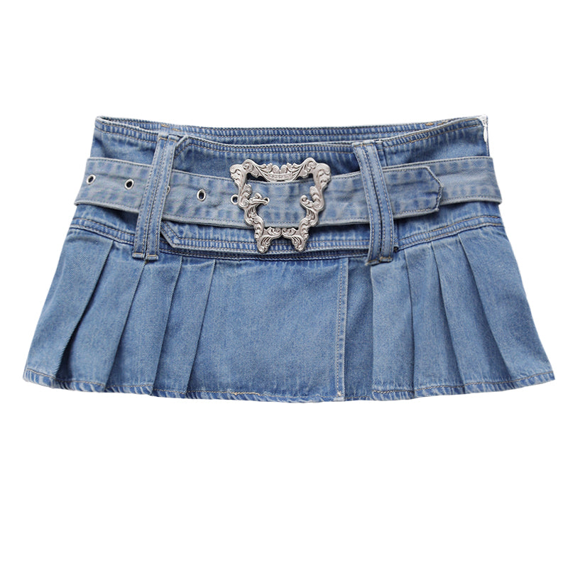 Denim Pleated Skirt + Belt