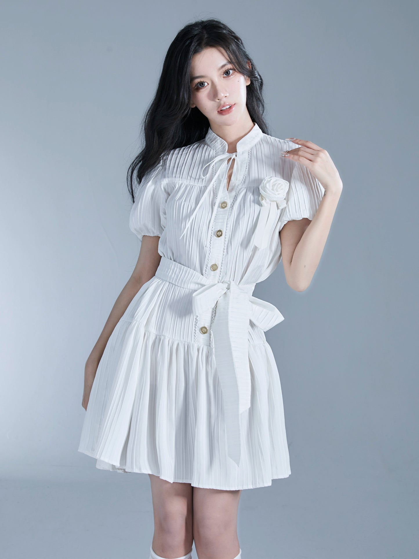 French Holiday White Bubble Sleeve Tie Dress