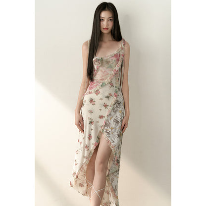 Fragmented Flower Ruffle Strap Dress