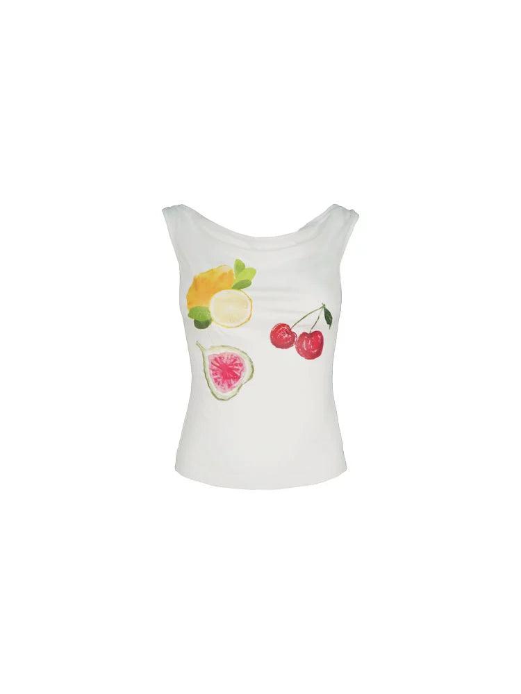 Fruit Print Swing Collar Top