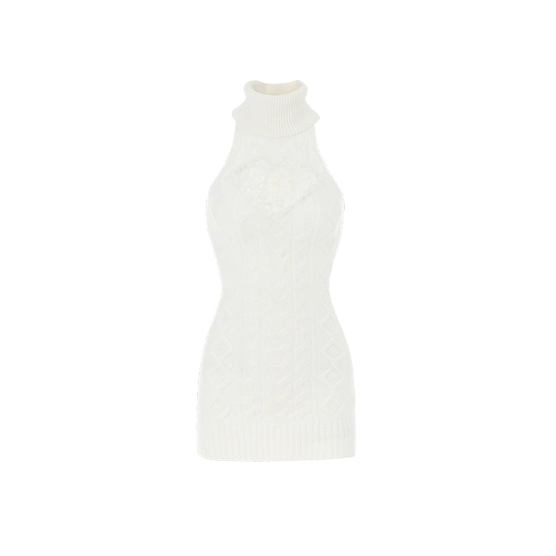 High-Neck Knit Vest Dress – Cinched Waist Lace Fall Sweater