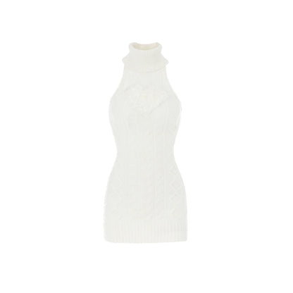 High-Neck Knit Vest Dress – Cinched Waist Lace Fall Sweater