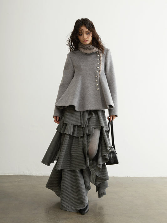 Gray Striped Ruffle Midi Skirt | Retro Frayed Slit Skirt