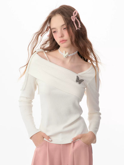 Pull irrégulier à épaules dénudées | Design rétro de clavicule sexy pour le printemps/automne