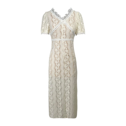 소 키스 진흙 살구 레이스 레이스 나비 오리지널 디자인 드레스 긴 드레스 흰 달빛 새로운 여름 달콤한 달콤한