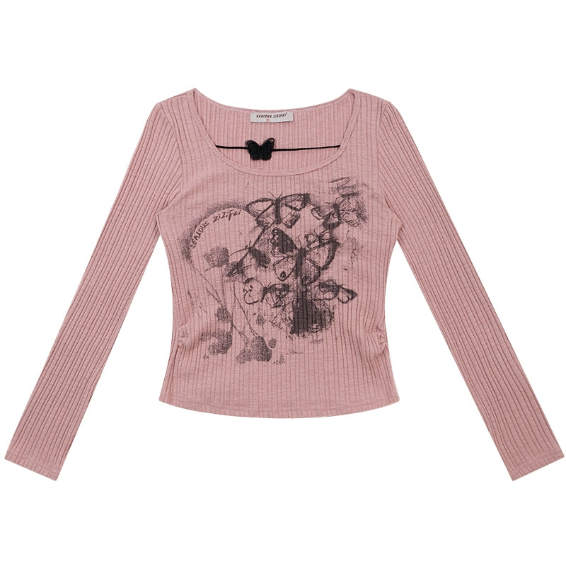 Butterfly Print Slim Fit Knit Top | Long Sleeve Retro Design for Spring/Autumn