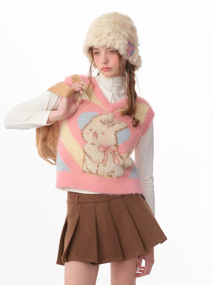 Pink Rabbit Love Knitted Tank Top | Retro V-neck Sweater for Autumn/Winter