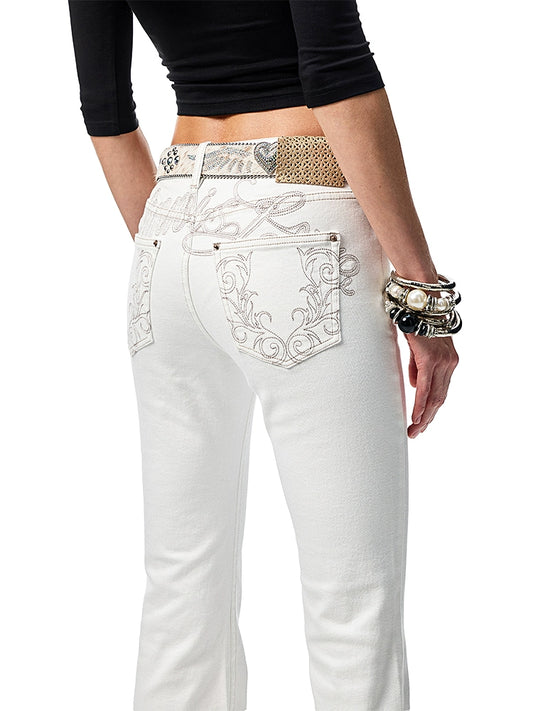 Classic Black & White Embroidered Skinny Flared Jeans – Low-Rise Washed Denim